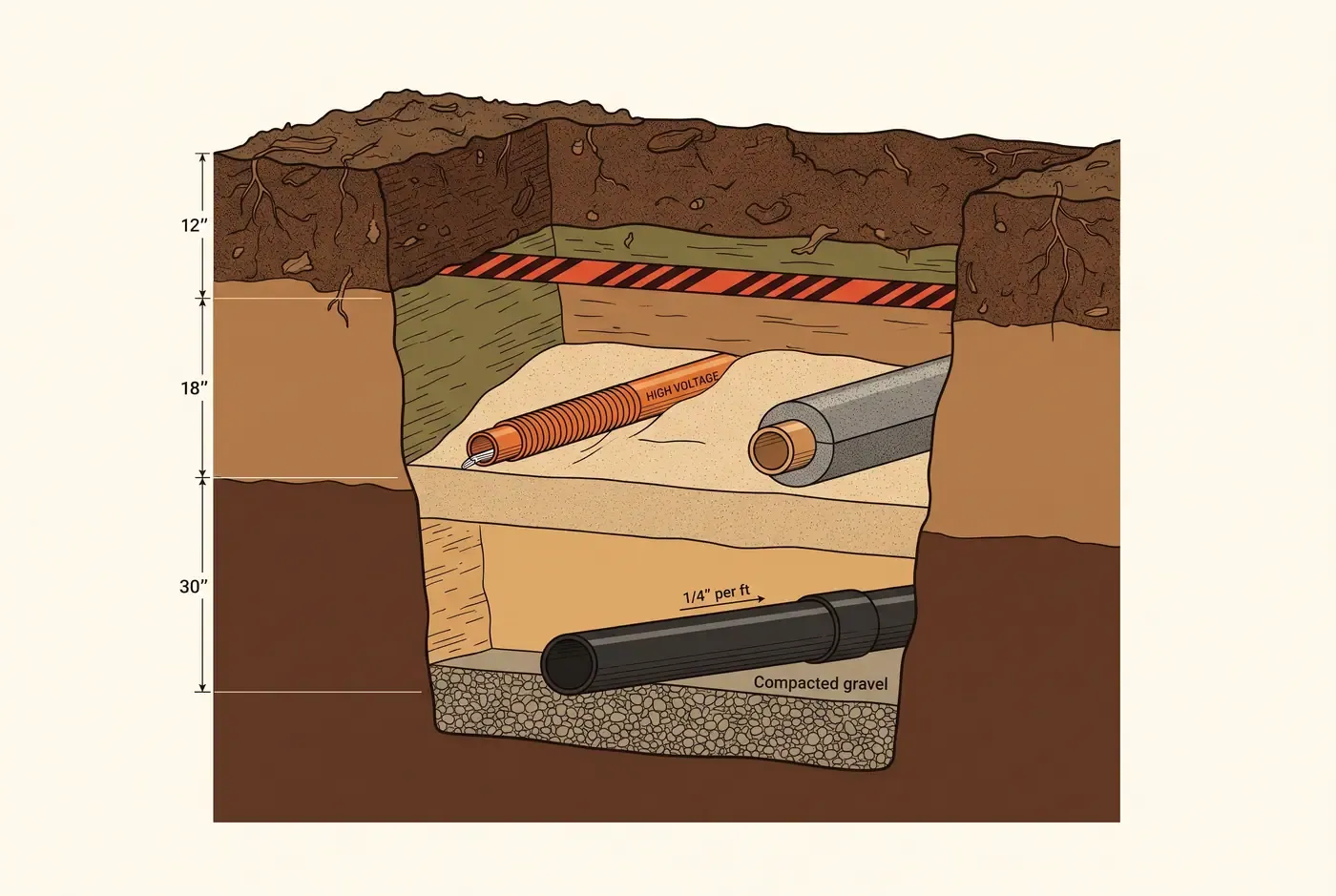 Trench cross-section showing water, sewer, electrical and data conduits at their respective depths with separation and bedding detail