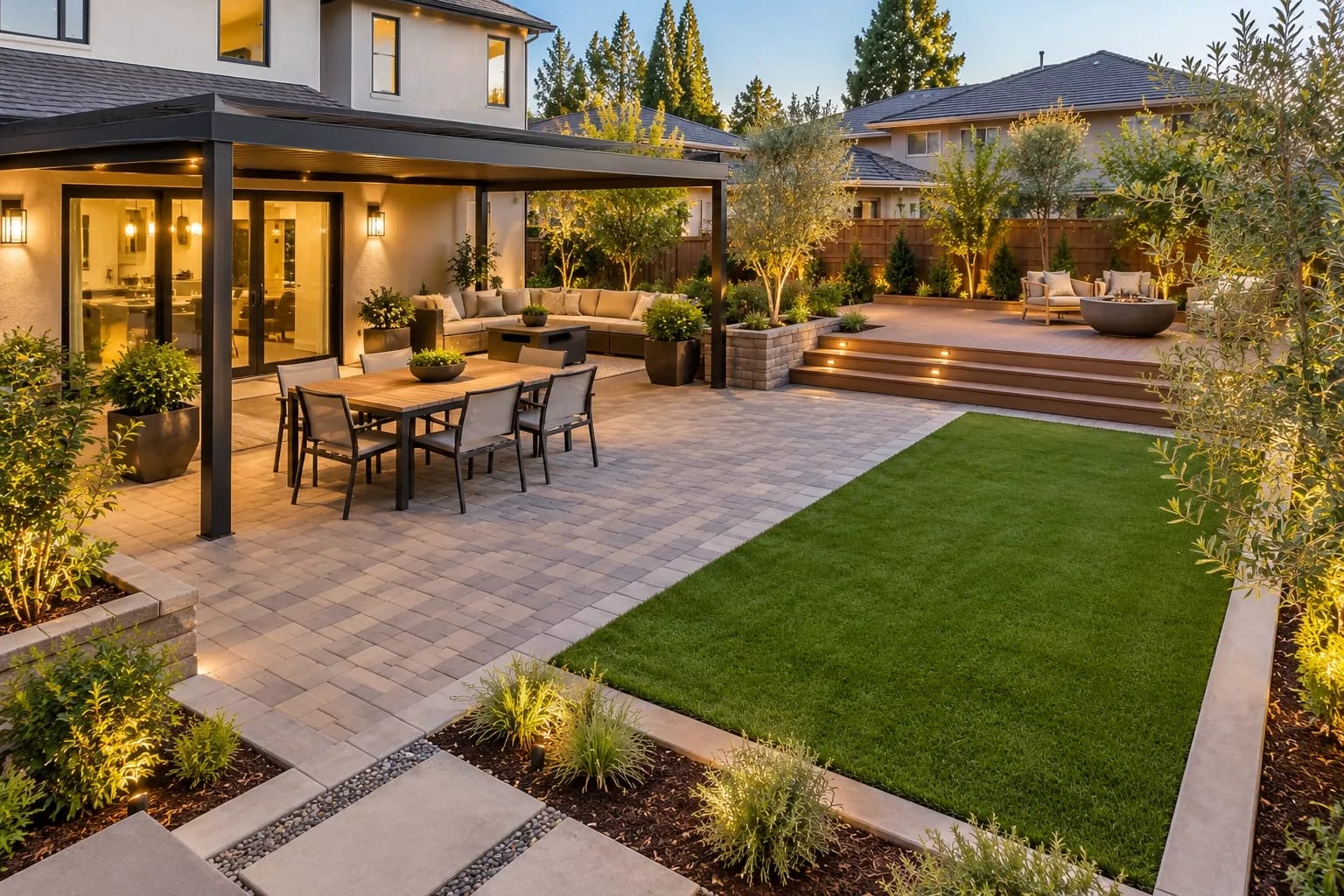 Planned backyard design combining pavers, wood decking, an aluminum patio cover, and artificial turf.