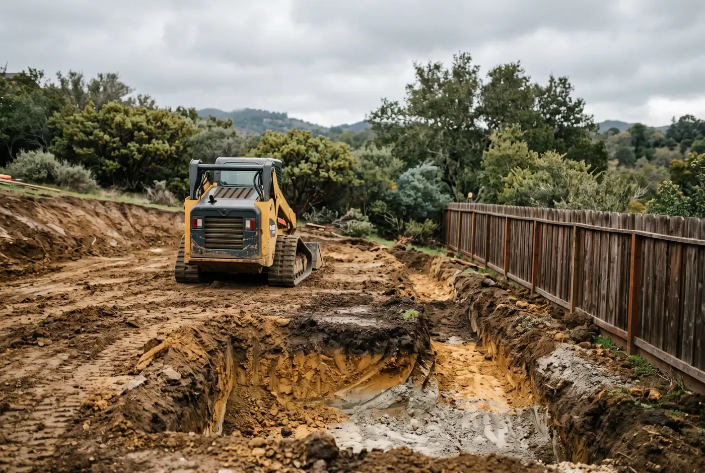 Excavation equipment staged on a sloped residential lot with exposed soil