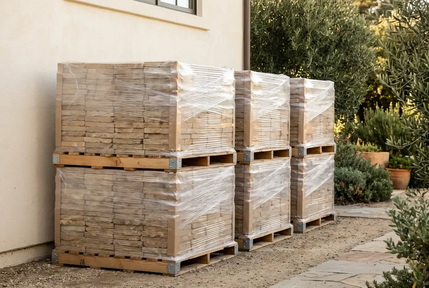Stacked pallets of stone pavers wrapped in plastic shrink wrap beside a building wall
