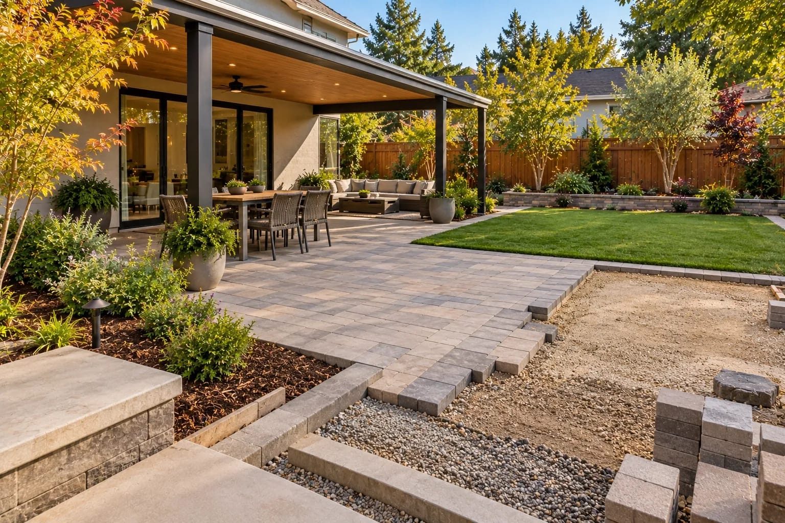 Backyard patio and landscaping showing paving materials, ground preparation, and finished outdoor features.