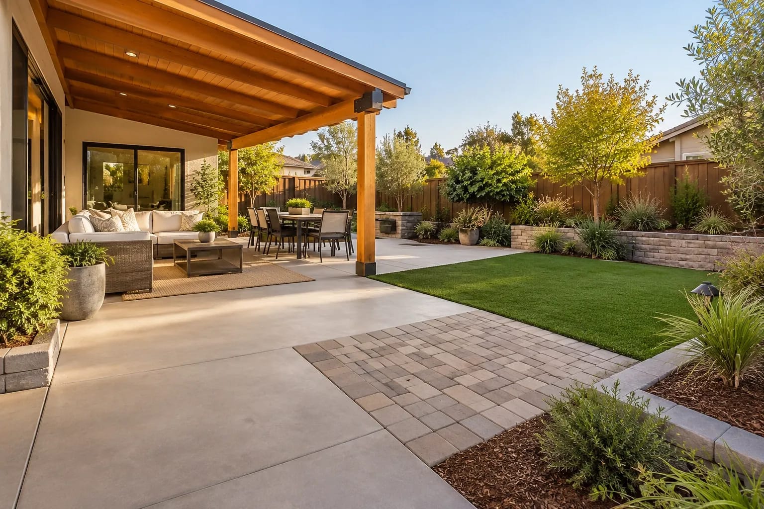 Backyard remodel featuring a concrete patio, pavers, natural landscaping, and a wood patio cover.