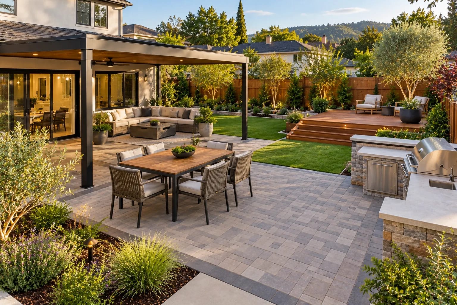 Backyard remodeling features including a paver patio, wood deck, patio cover, and outdoor kitchen.