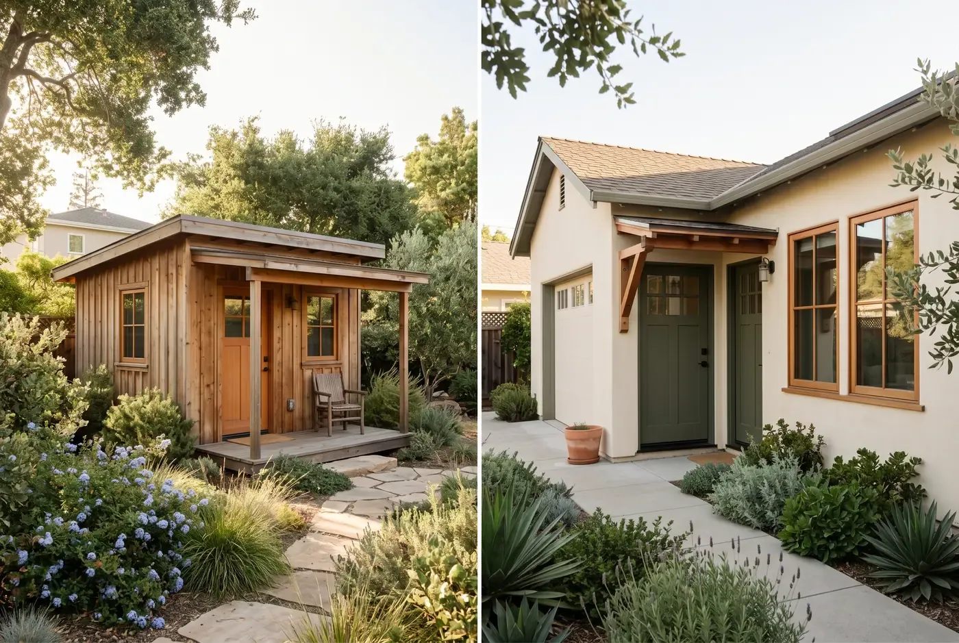 Side-by-side comparison of a detached ADU and a garage conversion ADU on the same residential property