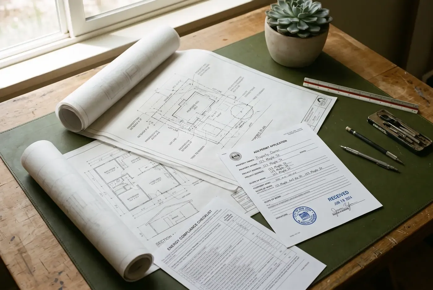 Close-up of an ADU permit application package with architectural plan sheets, site plan, and stamped approval visible