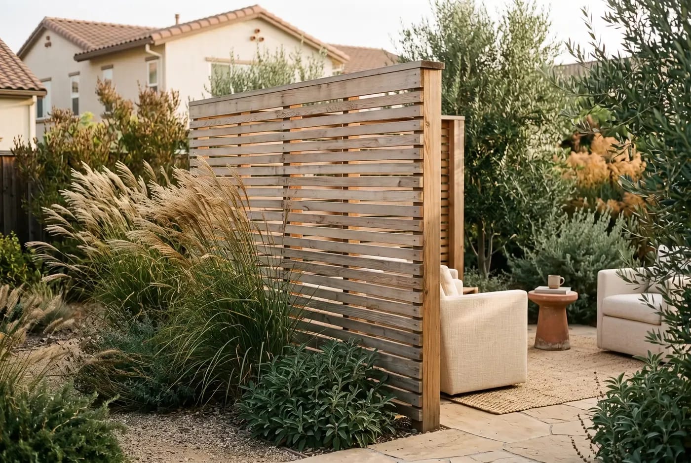 A slatted wood screen functioning as a windbreak, with wind-indicating ornamental grasses on the windward side and protected seating on the leeward side