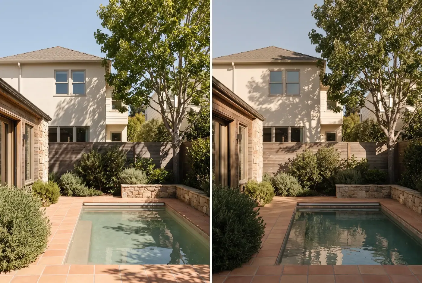 Sun and shade study on a small backyard pool at different times of day