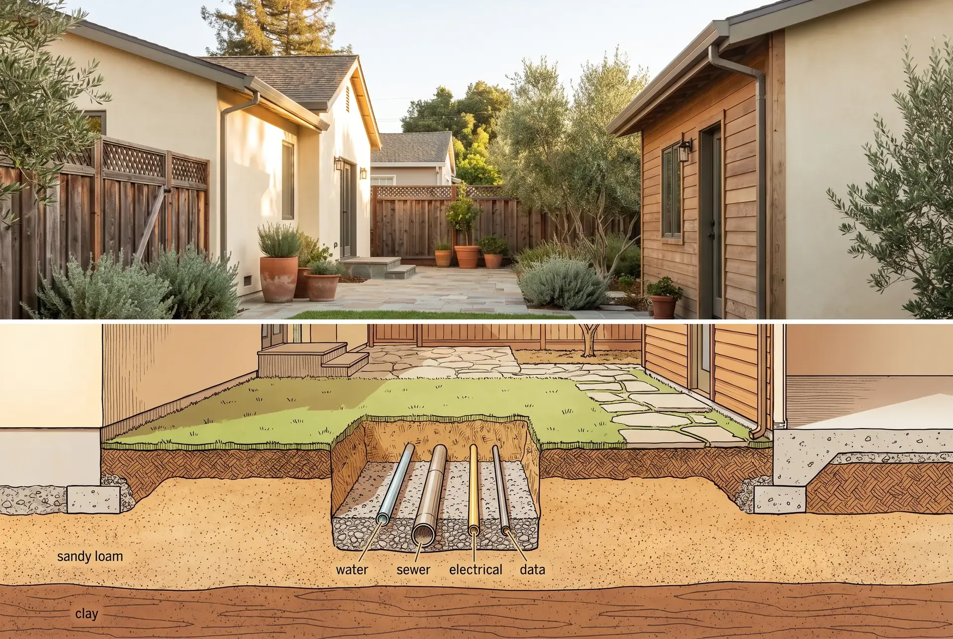 Cutaway illustration showing underground utility connections between a primary house and a detached ADU, with trench and foundation visible