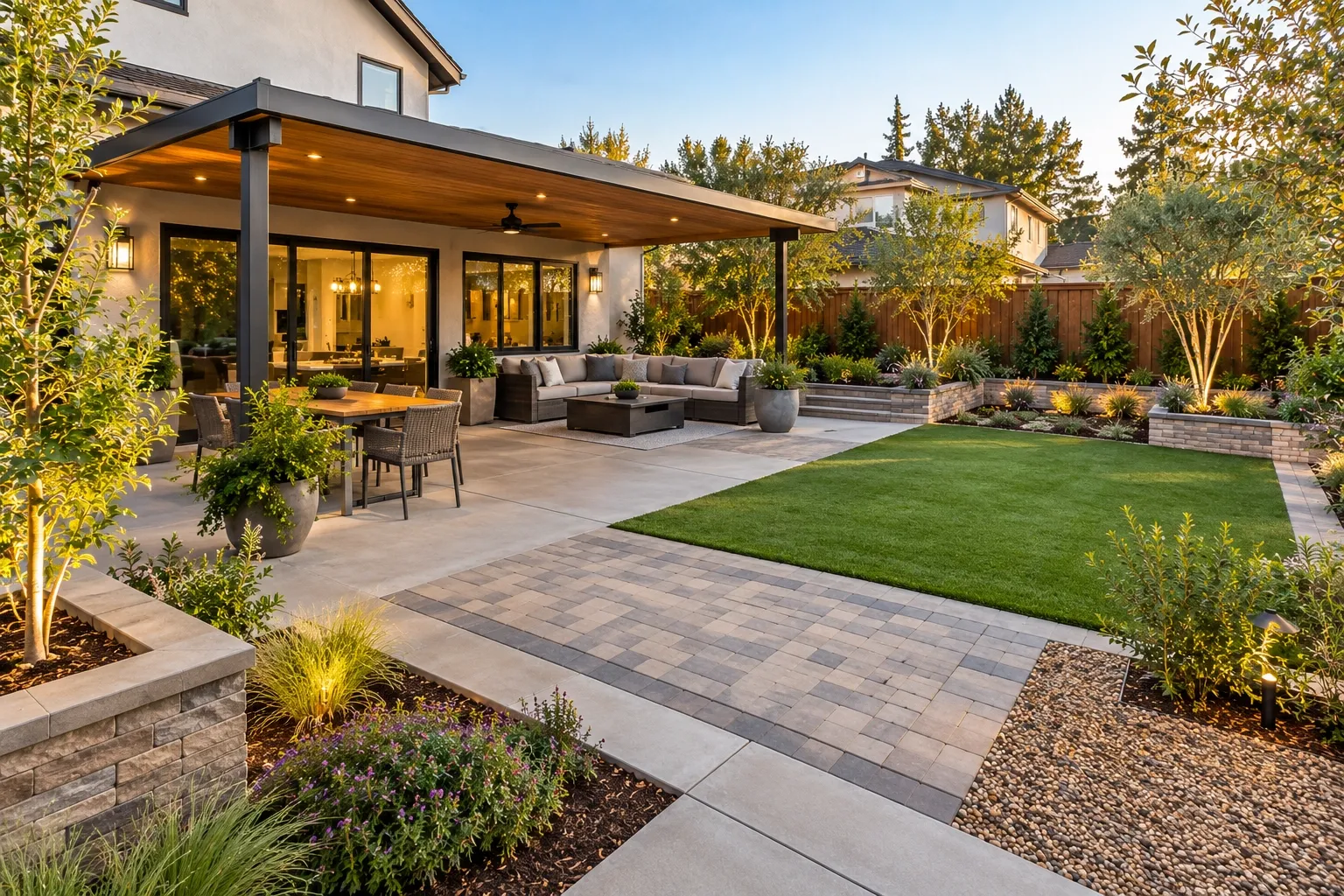 Remodeled Bay Area backyard featuring a concrete patio, pavers, patio cover, and landscaped lawn.