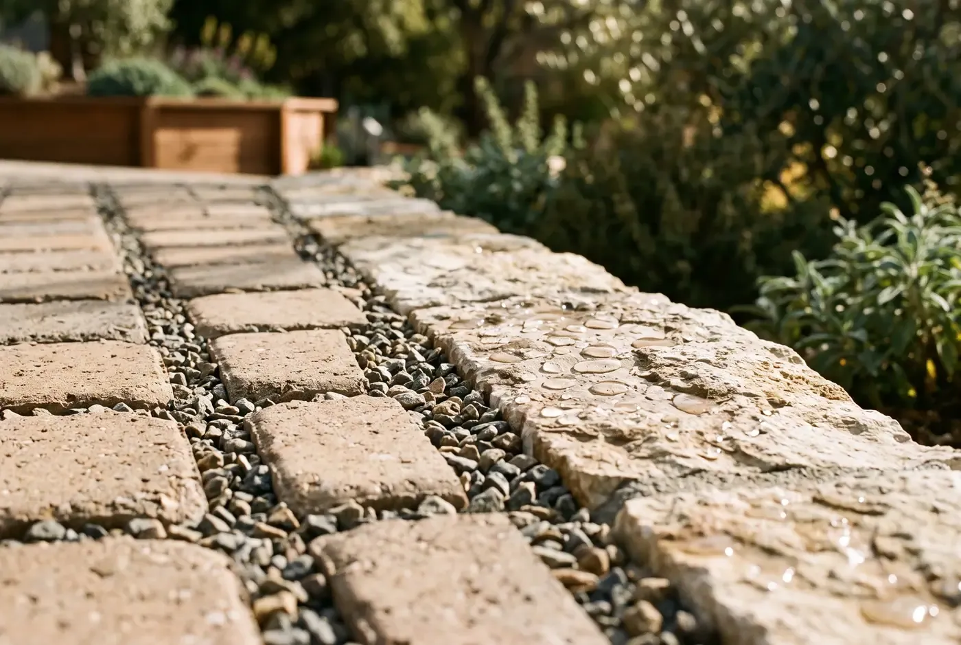 Close-up detail of permeable paver joint system with small angular aggregate and natural stone edging