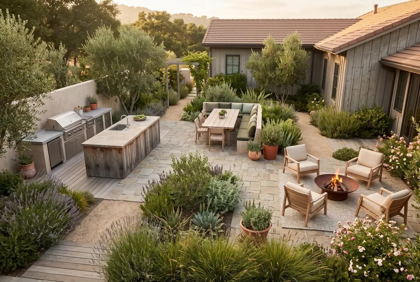 Conceptual illustration of outdoor room zones showing cooking, dining, and lounge areas on a unified patio