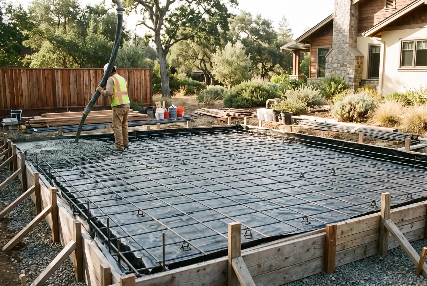Concrete slab foundation being poured for an ADU with vapor barrier, rebar grid, and form boards visible