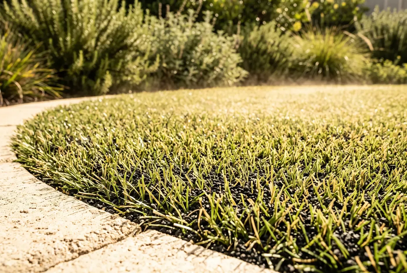 Synthetic lawn surface shimmering with heat in direct midday sun beside a shaded patio