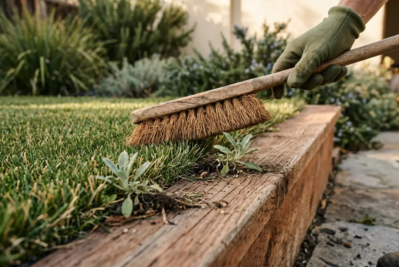 Garden brush grooming synthetic turf fibers near an edge where weeds have rooted