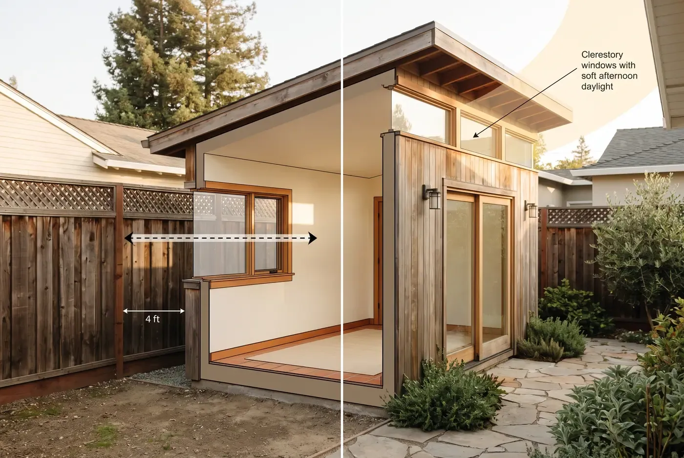Diagram showing ADU window placement strategies: clerestory windows facing neighbor, primary windows facing inward to courtyard