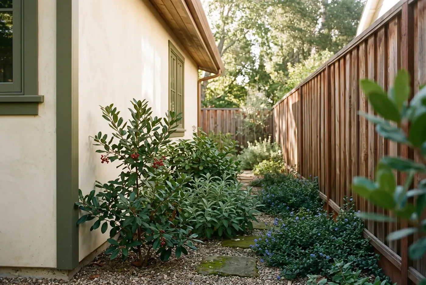 Landscape buffer between ADU and neighbor fence using layered California native shrubs and a small ornamental tree