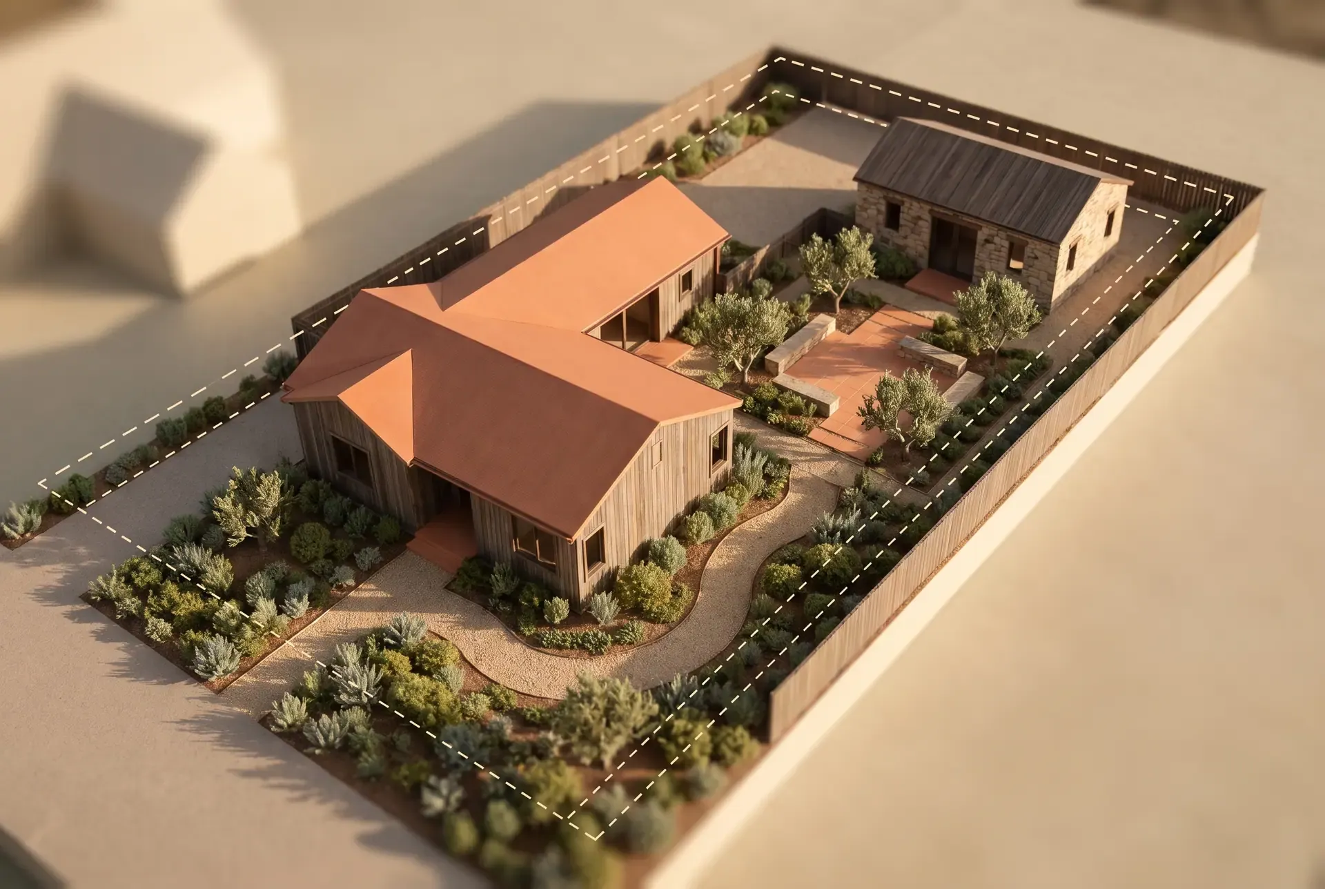 Aerial view of a residential lot with a primary house, a detached ADU in the rear yard, and remaining landscaped garden space between them
