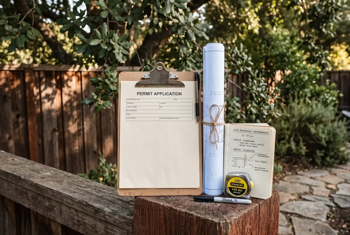 Permit application form on a clipboard resting next to a rolled-up site plan outdoors