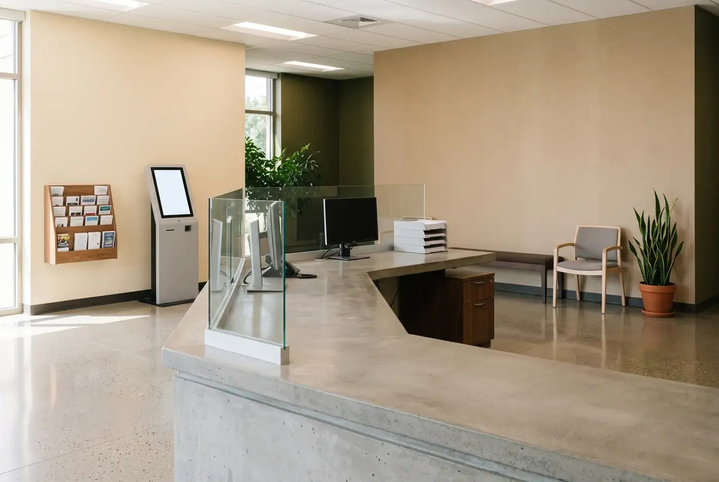 City building department office lobby with permit counter and information directory