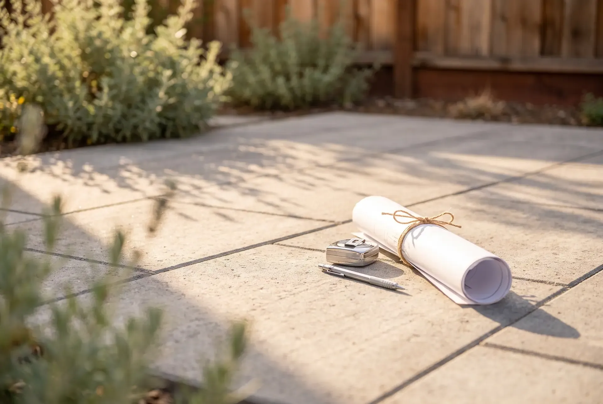 A rolled-up construction schedule and pencil resting on an outdoor patio surface