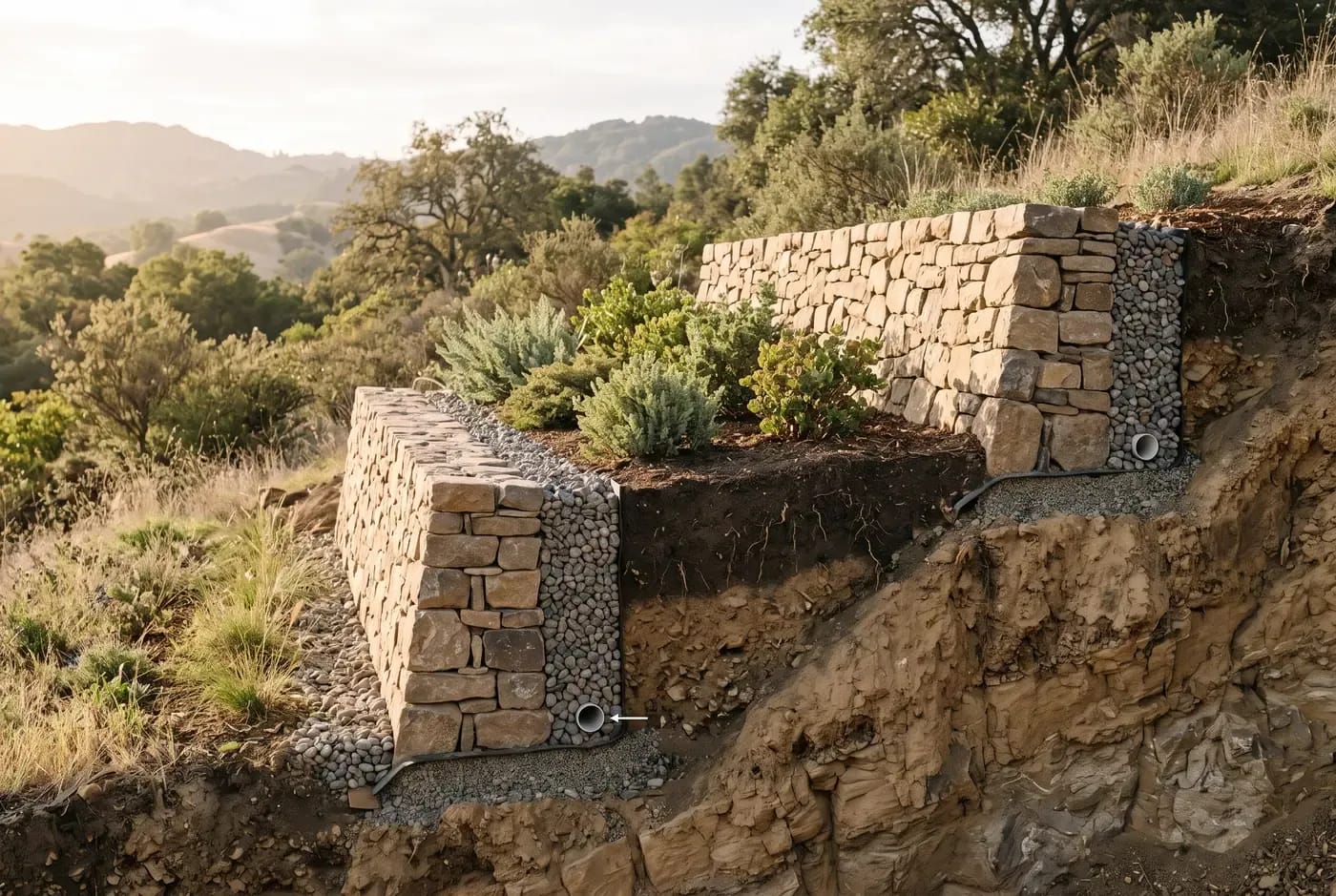 Cross-section of a tiered retaining wall system on a hillside showing drainage gravel, weep holes, and planting terraces