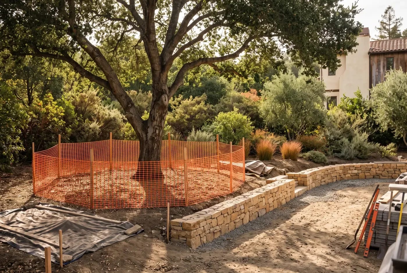 Tree protection fencing around a mature coast live oak during backyard construction with root zone marked