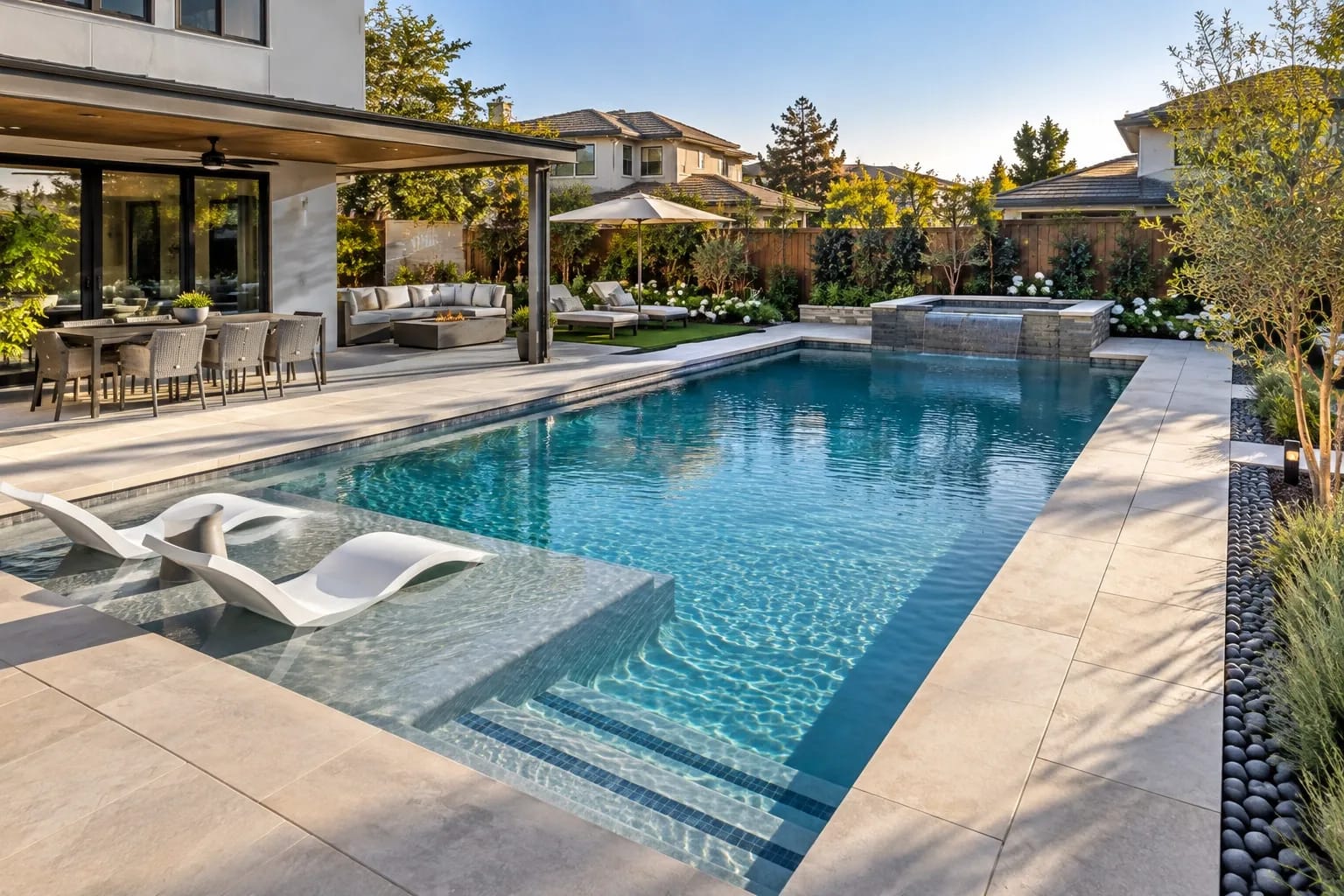 Custom Bay Area pool with premium decking, coping, and a shallow lounging area