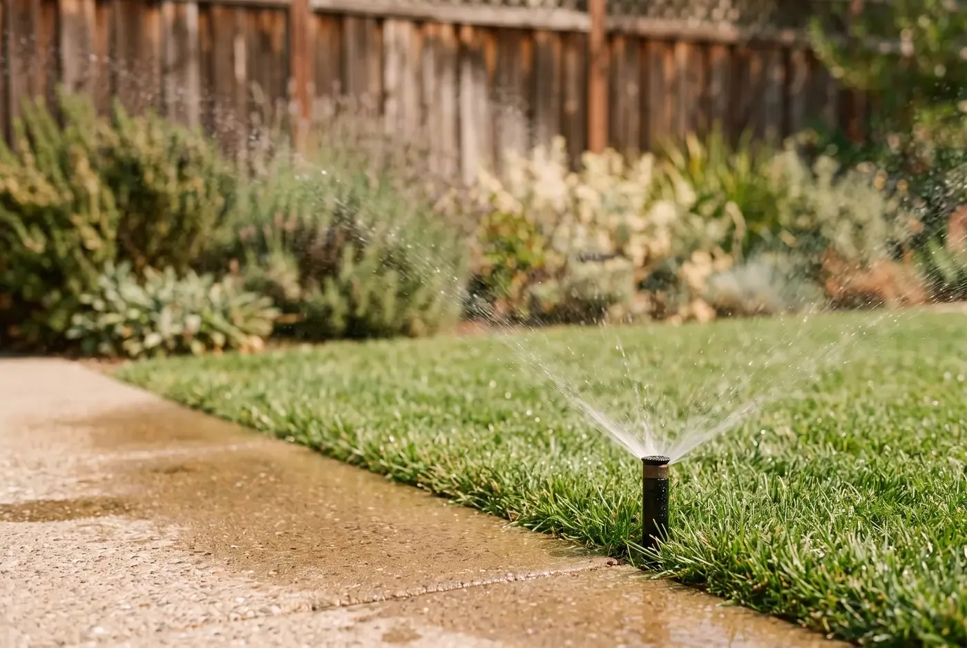 Pop-up spray sprinkler head watering a small lawn with overspray on a concrete path
