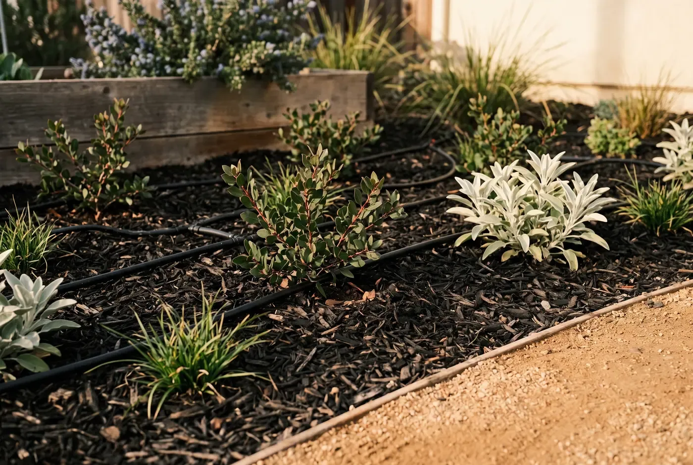 Newly planted drought-tolerant bed with drip tubing and fresh wood mulch