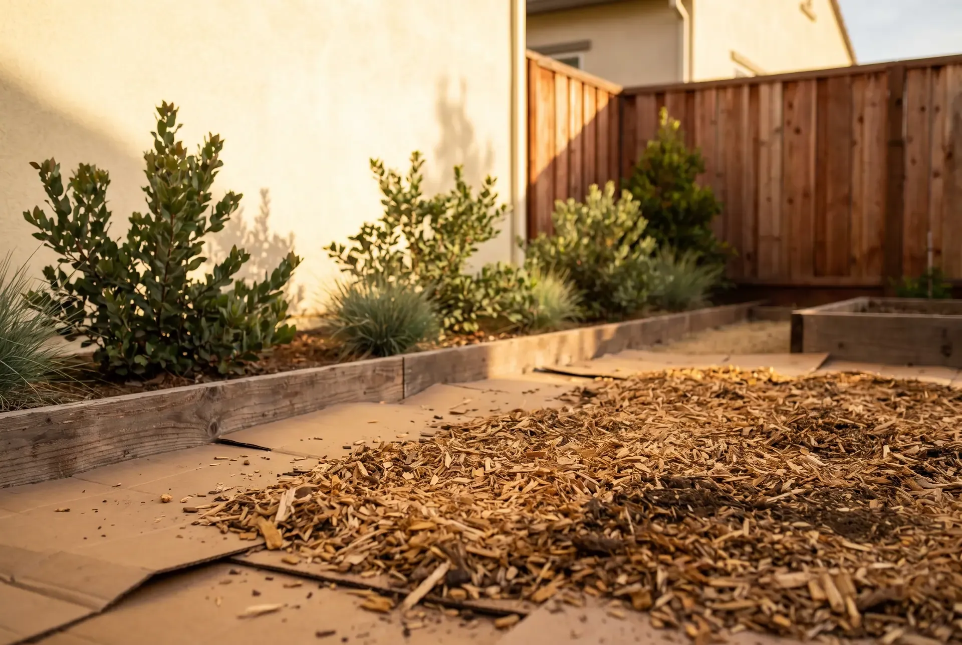 Conceptual Bay Area backyard with sheet mulch covering a former lawn and new native beds