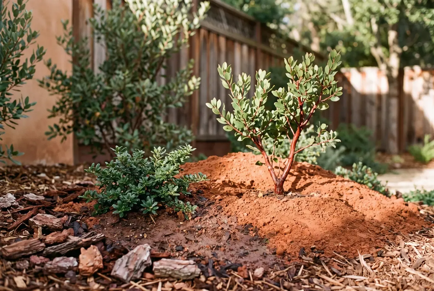 Mounded planting bed with young manzanita and ceanothus on unamended native clay soil