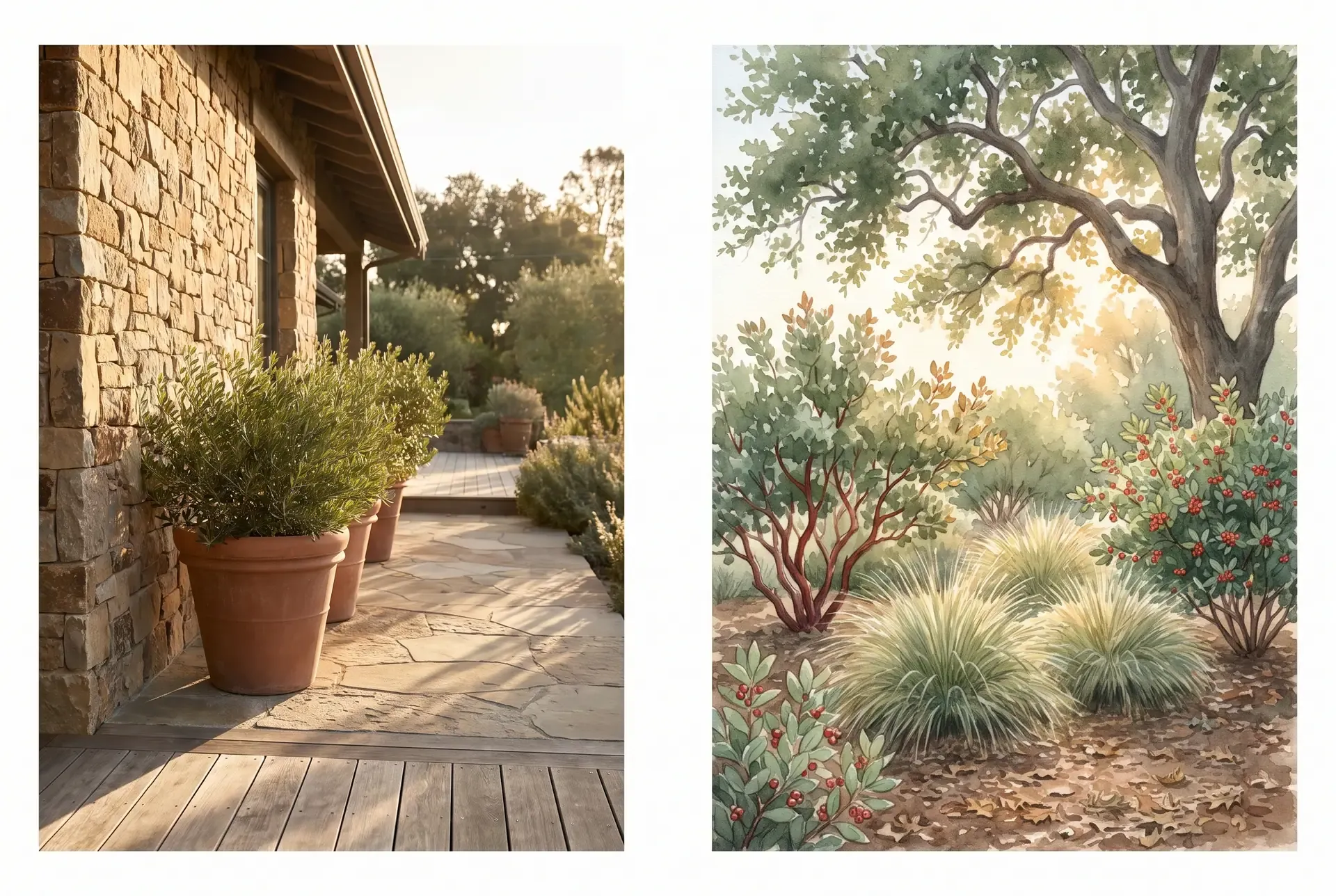 Conceptual native planting of manzanita, toyon, and deergrass under a coast live oak canopy