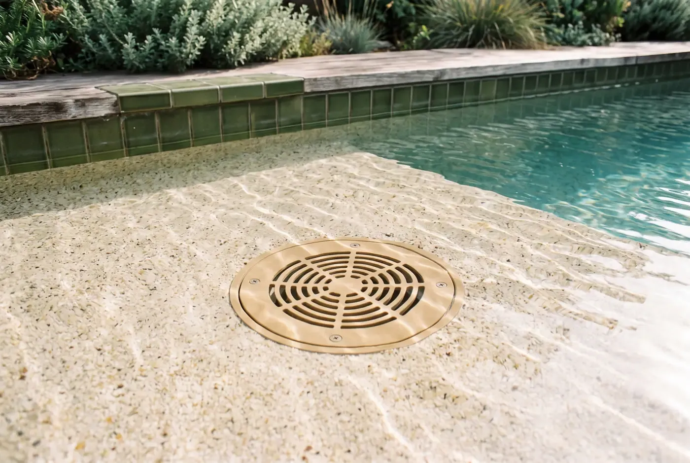 Anti-entrapment drain cover on a residential pool floor