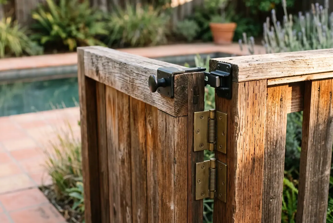 Self-closing, self-latching gate hardware detail on a pool fence