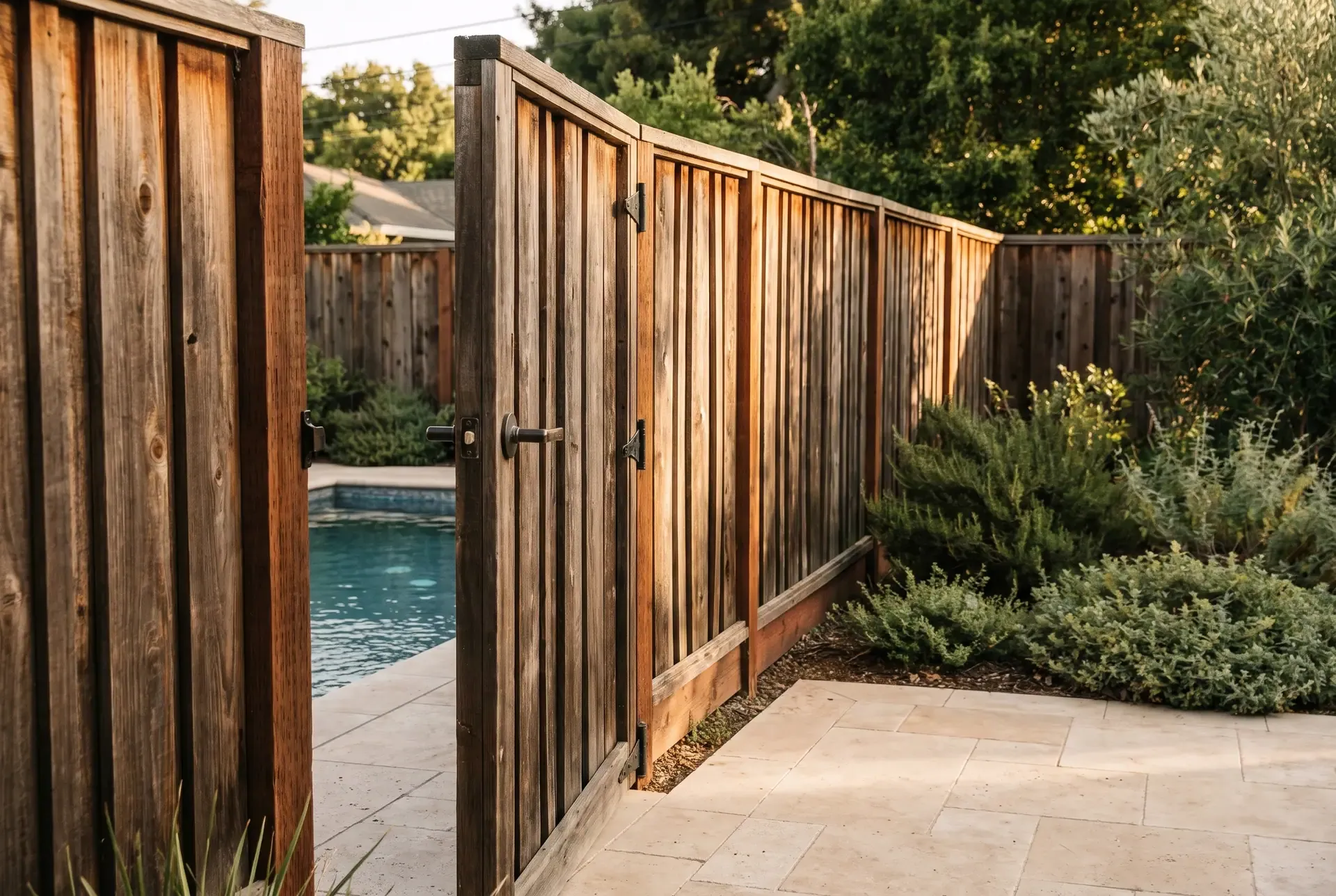 Editorial study of a residential pool enclosure with self-closing gate