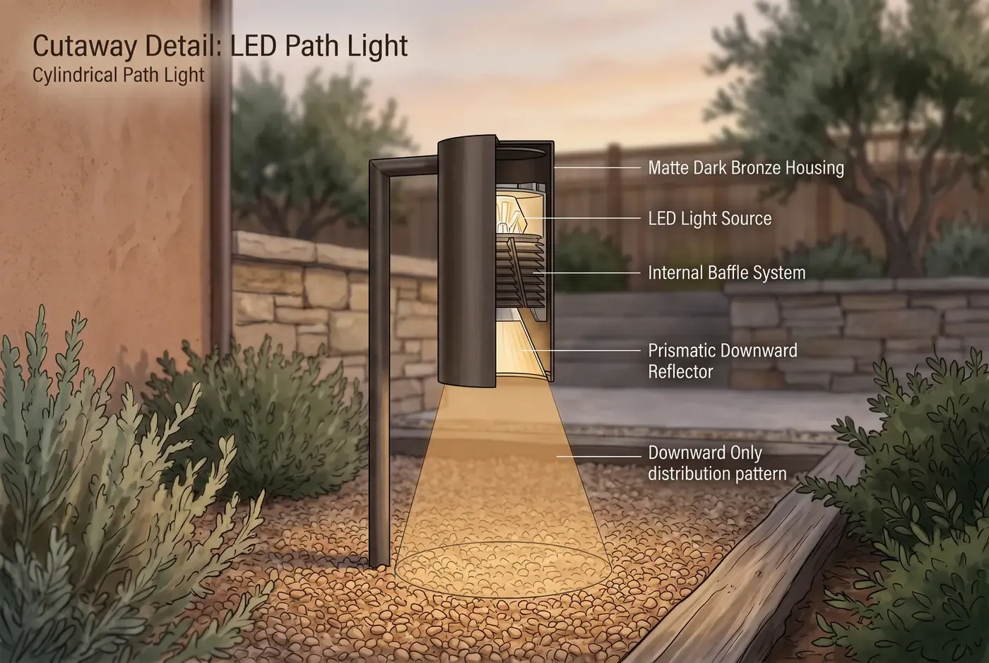 Close-up of a fully shielded LED path light fixture showing the internal baffle and downward-only light distribution pattern