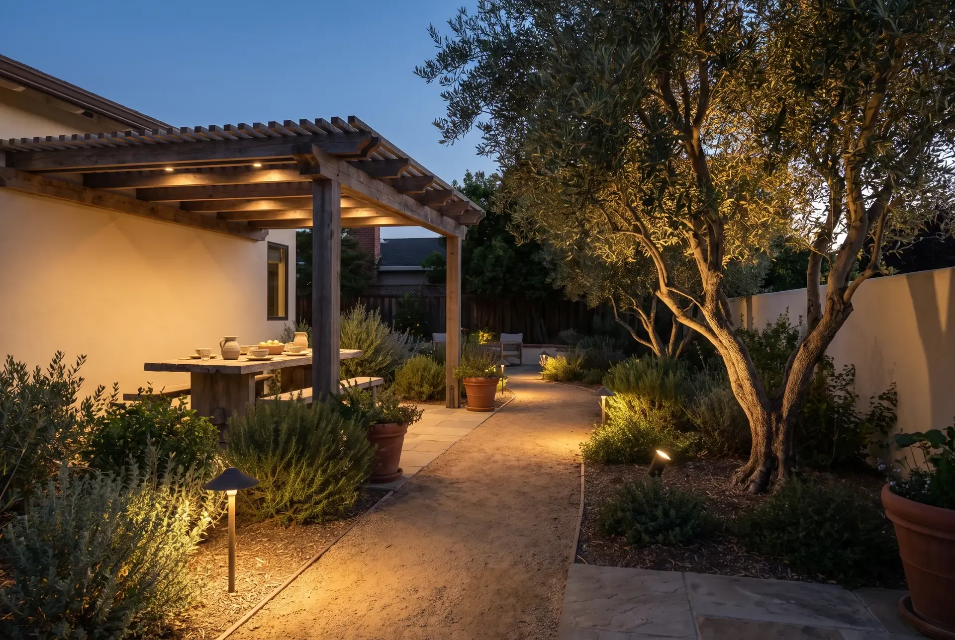 A South Bay backyard at dusk with warm path lights, shielded downlights under a pergola, and a softly illuminated tree canopy