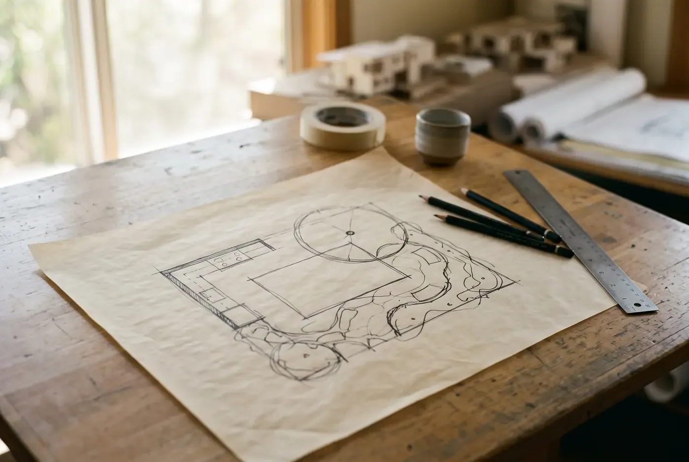Hand-drawn concept sketch for a backyard patio layout on tracing paper