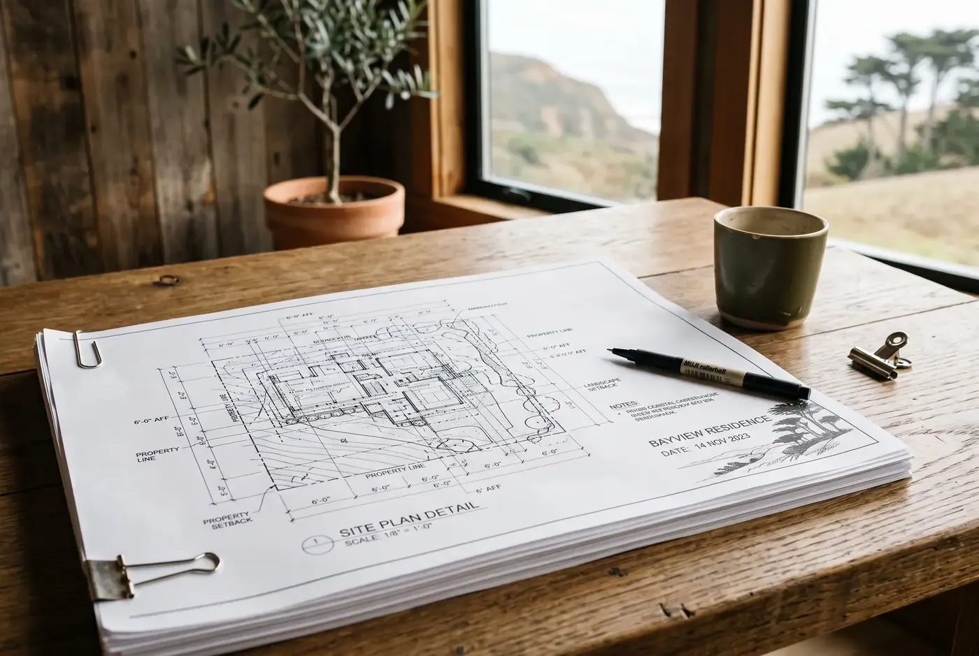Stacked construction documents with engineering stamps and site details