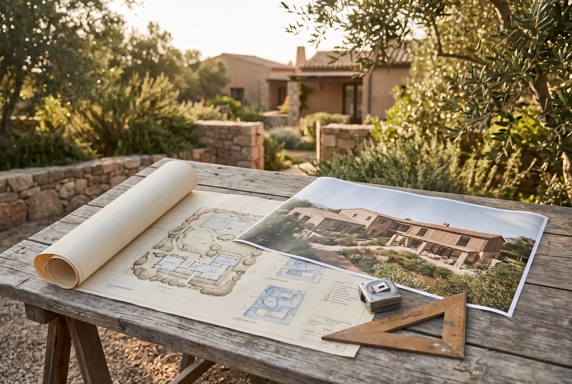 Architectural rendering displayed alongside blueprint plans on a wooden table outdoors