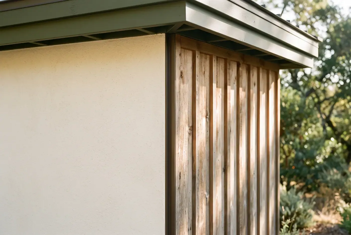 Detail close-up of two exterior wall materials meeting at an ADU corner: smooth stucco transitioning to vertical cedar siding