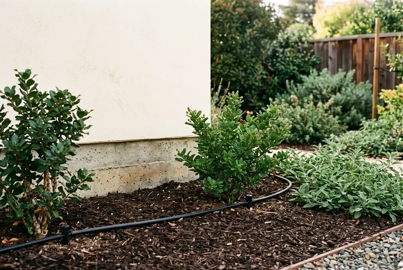 Foundation planting at the base of an ADU with drip irrigation emitters visible, new native shrubs establishing