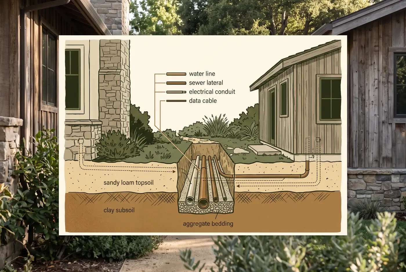 Cross-section diagram showing utility connections for a detached ADU trenched from the main house