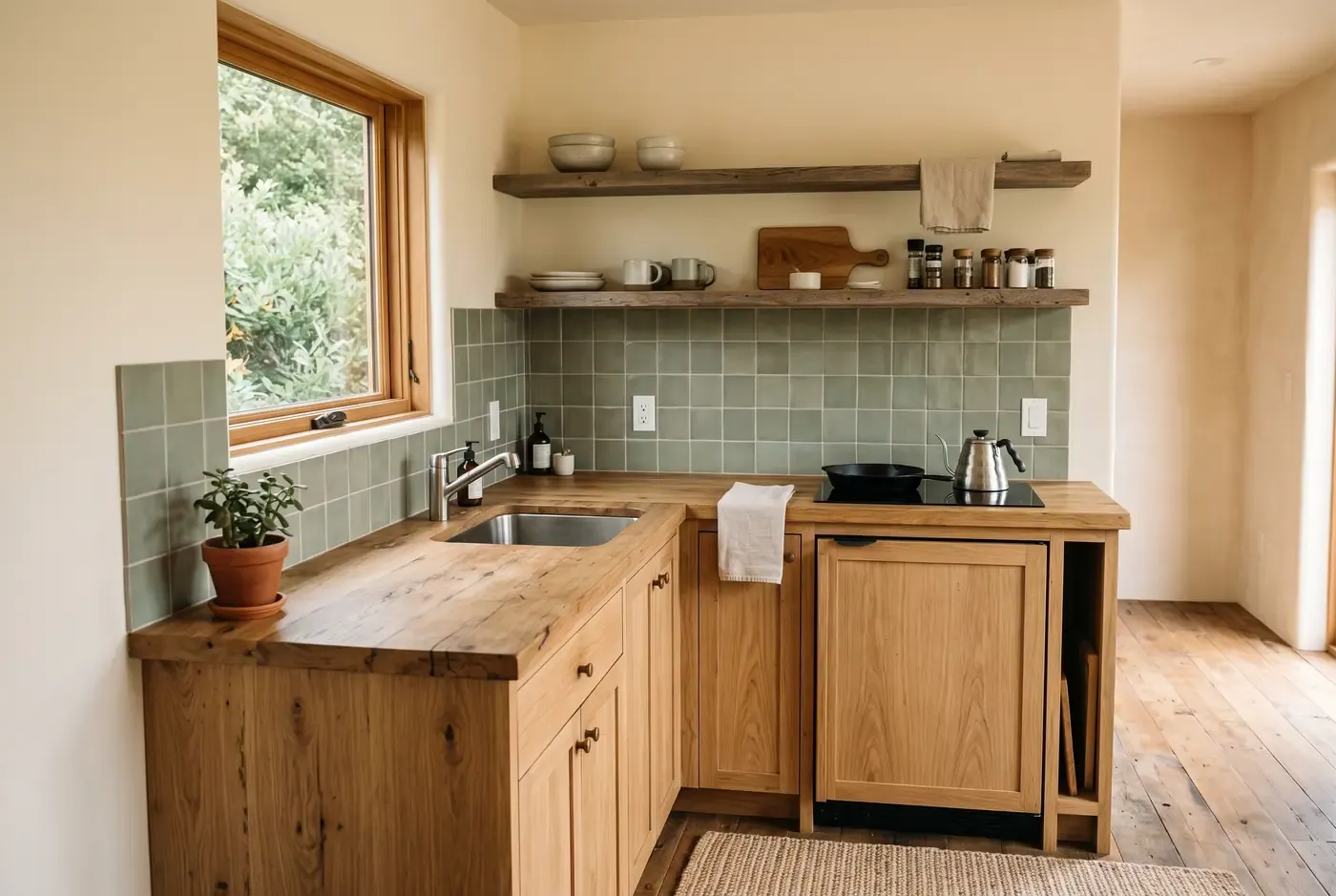 Interior view of a JADU efficiency kitchen with compact appliances, sink, and breakfast counter
