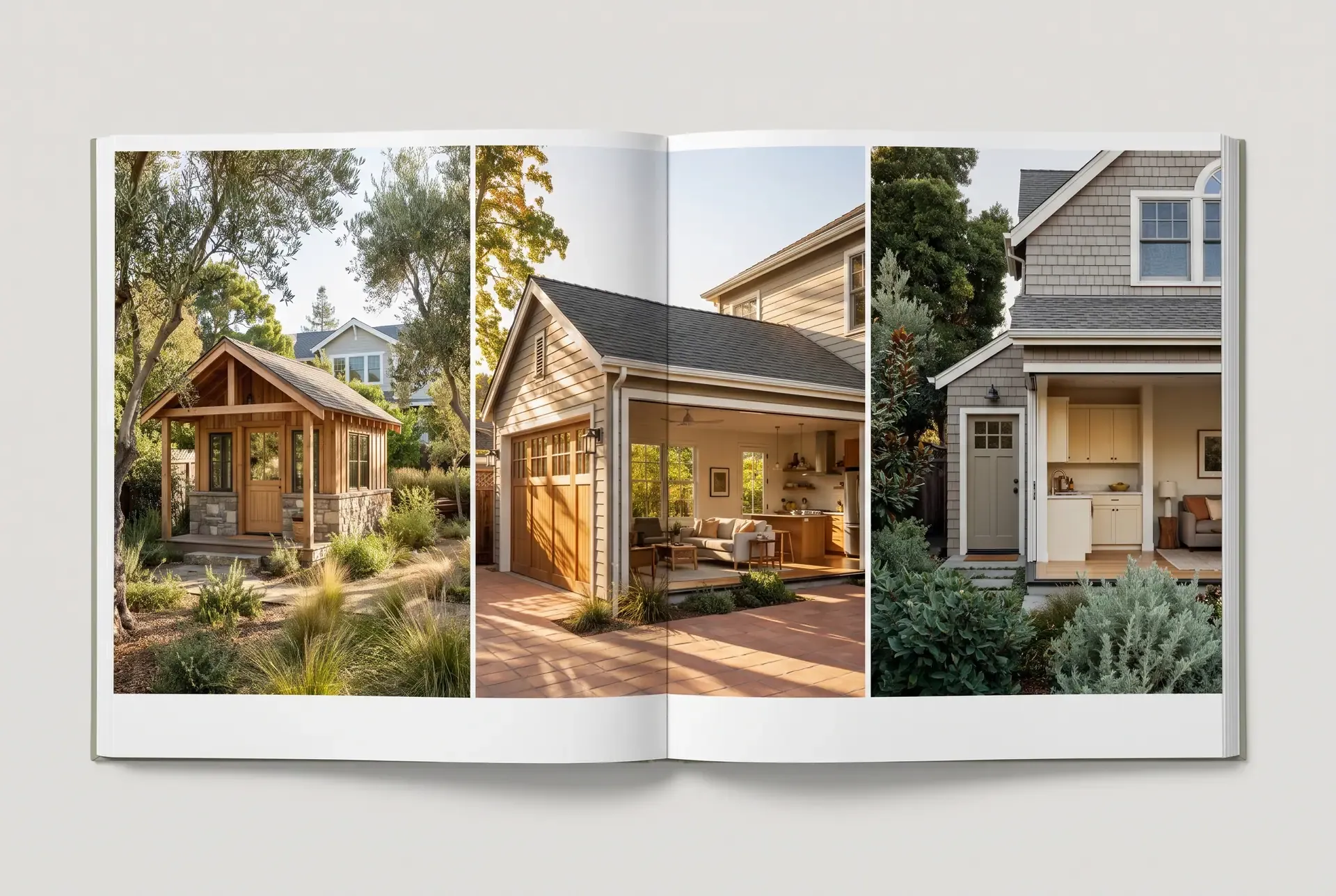 Three conceptual illustrations of ADU types: a detached backyard cottage, a converted garage, and a JADU within a house