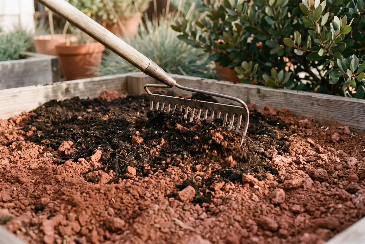 Fresh compost being incorporated into clay soil to six inches before planting