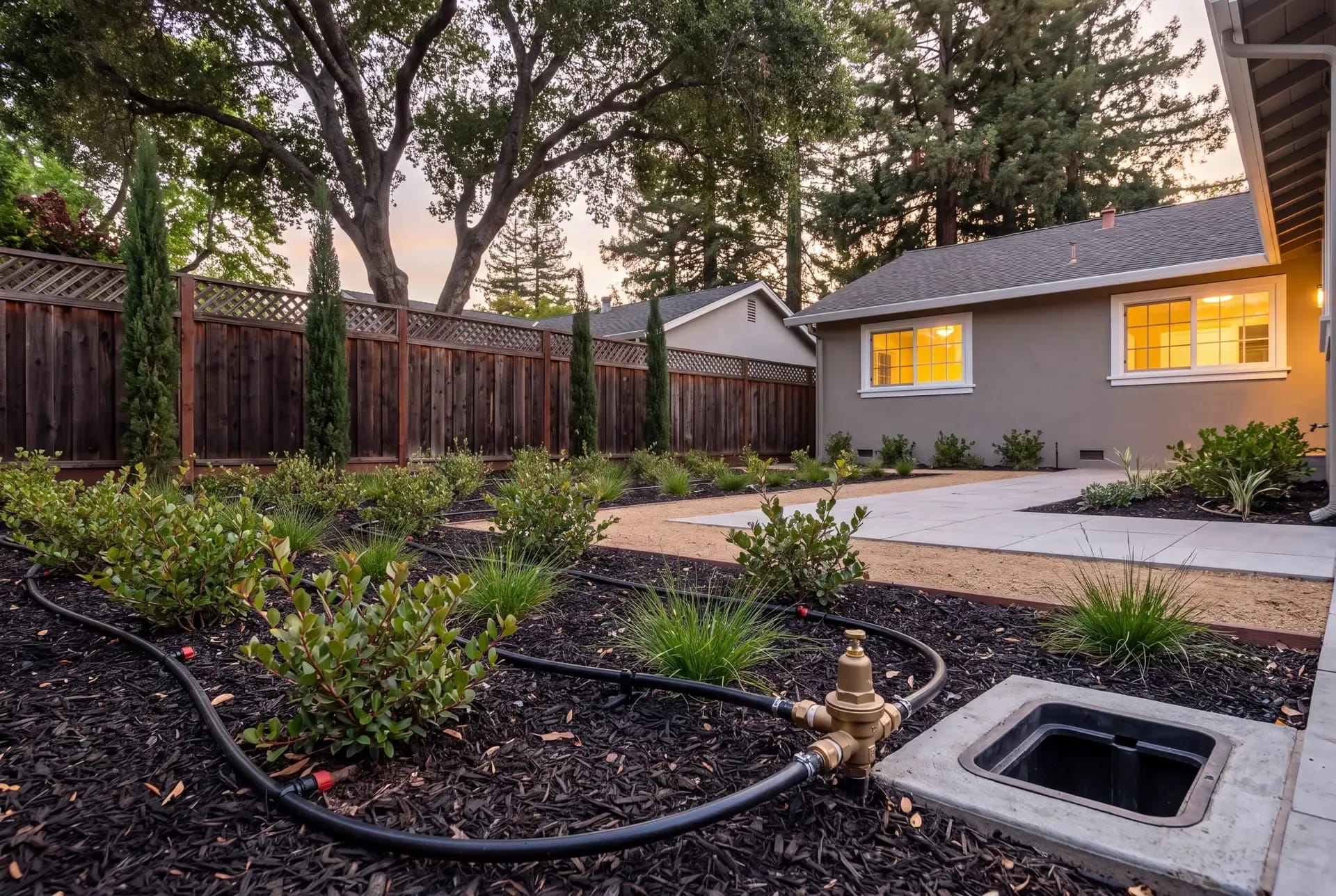 Newly installed inline drip irrigation system in a mulched planting bed connecting to a pressure regulator near a valve box