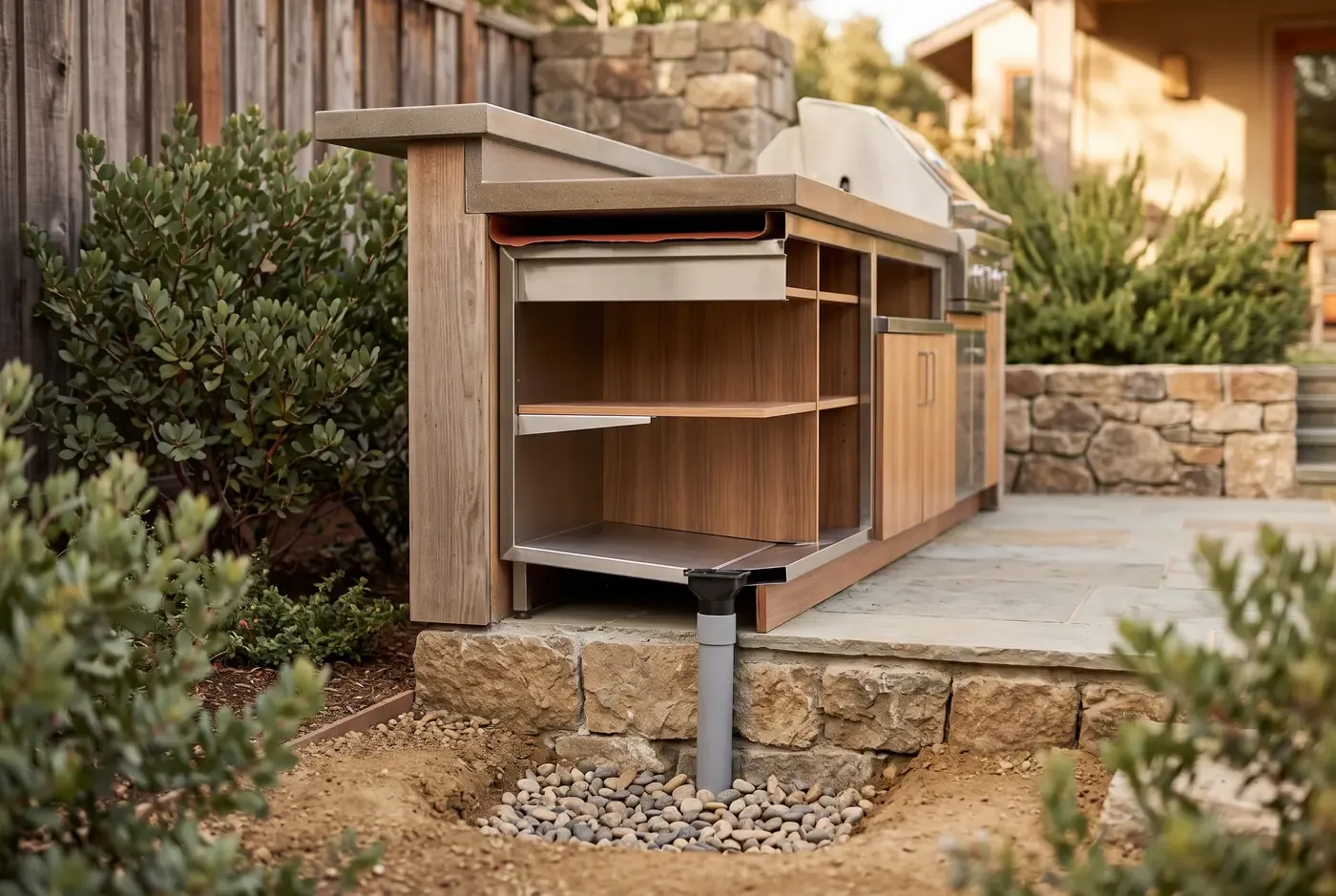 Cross-section illustration of outdoor kitchen cabinet base showing sloped floor and drainage system