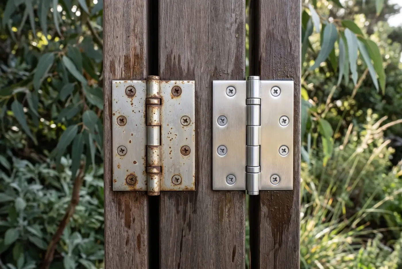 Close-up of 304 and 316 stainless steel door hinges showing corrosion comparison after weather exposure