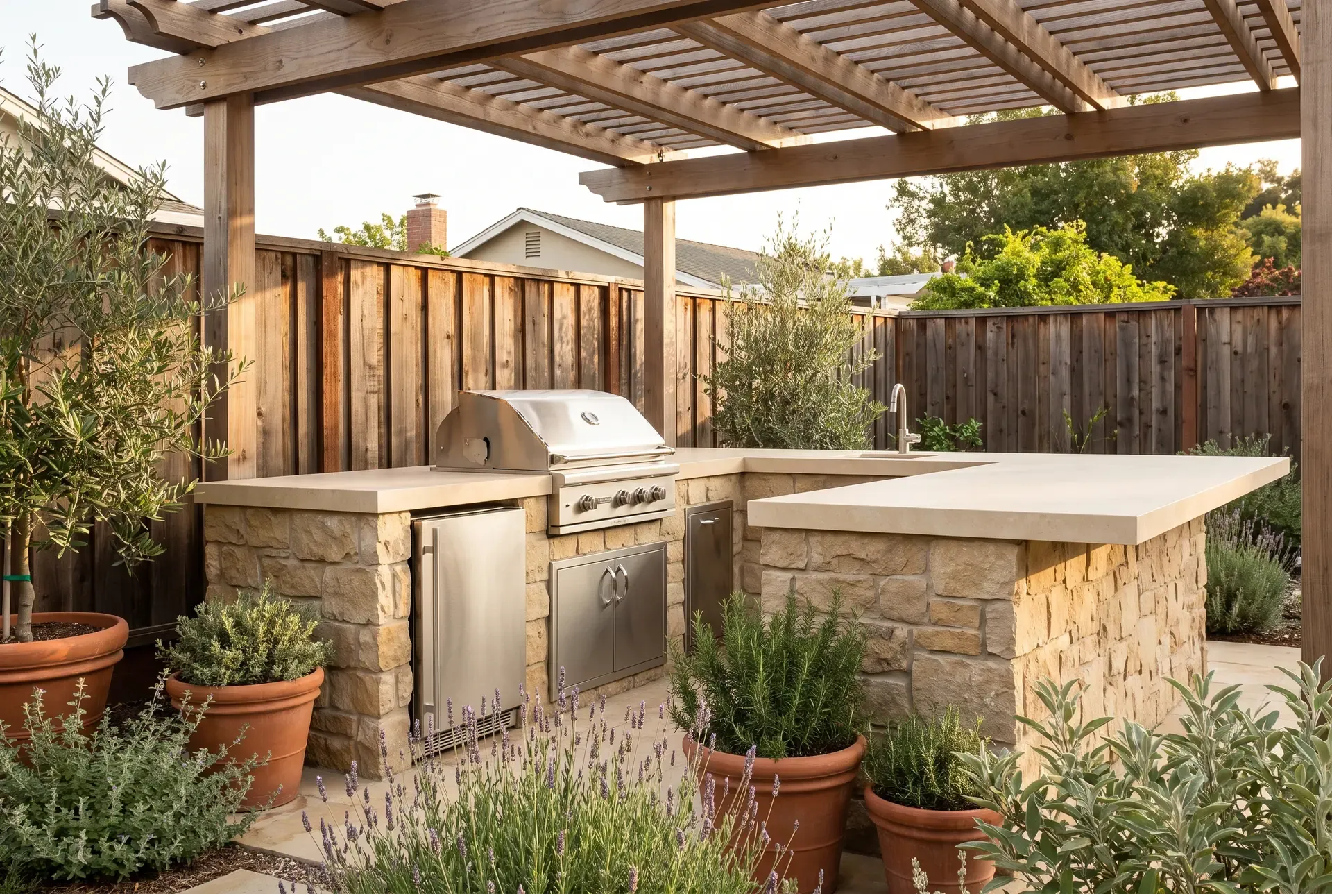 Outdoor kitchen with stainless steel appliances, porcelain countertops, and stone veneer cladding in a South Bay backyard